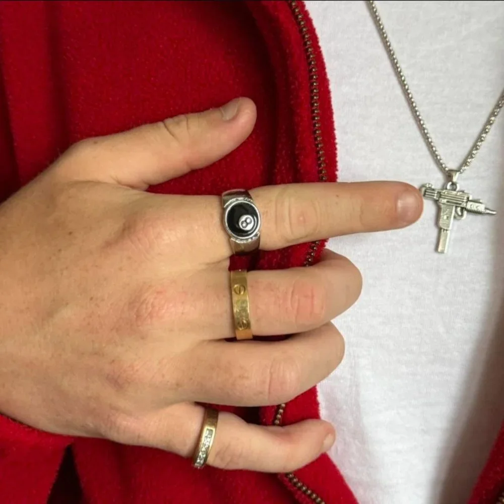 Y2K 2000s vintage style 8-ball chrome silver ring